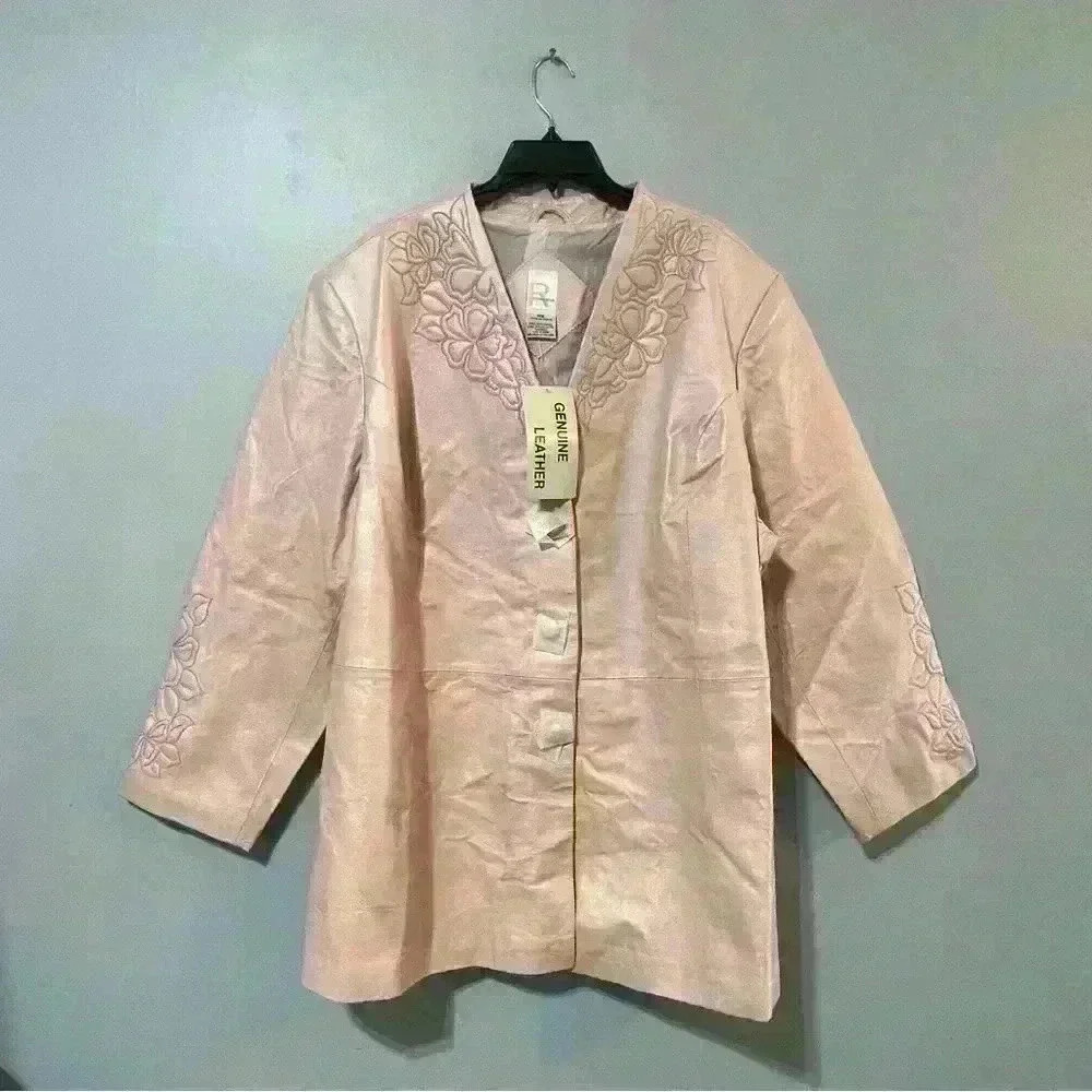 Roaman’s Vintage Women’s Leather Plus Size Jacket Size 34W Light Pink Embroidery